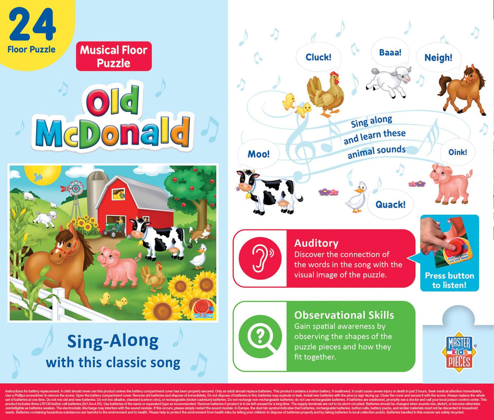 MasterPieces Old McDonald singalong puzzle features bright colors for visual recognition.