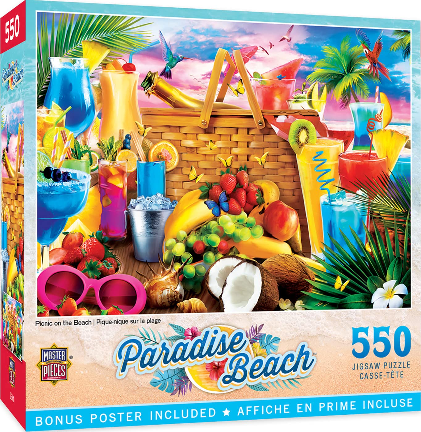 MasterPieces picnic on the beach puzzle box shows an 18x24 layout for family fun