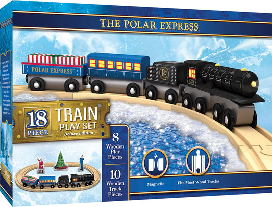 MasterPieces Polar Express train cars in a wooden set, ideal for storytelling and playtime.