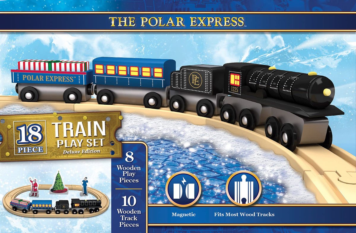 MasterPieces Polar Express train engine in a wooden set, ideal for imaginative holiday journeys.