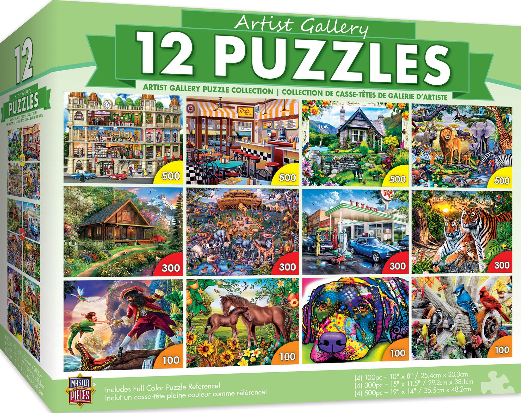 MasterPieces 12-pack puzzle bundle shows varied sizes for family game night.