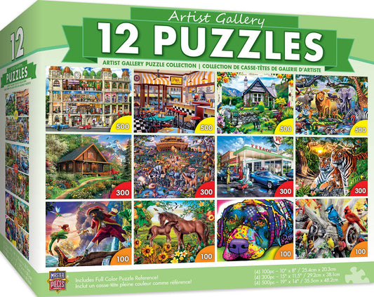 MasterPieces 12-pack puzzle bundle shows varied sizes for family game night.