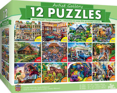 MasterPieces 12-pack puzzle bundle shows varied sizes for family game night.