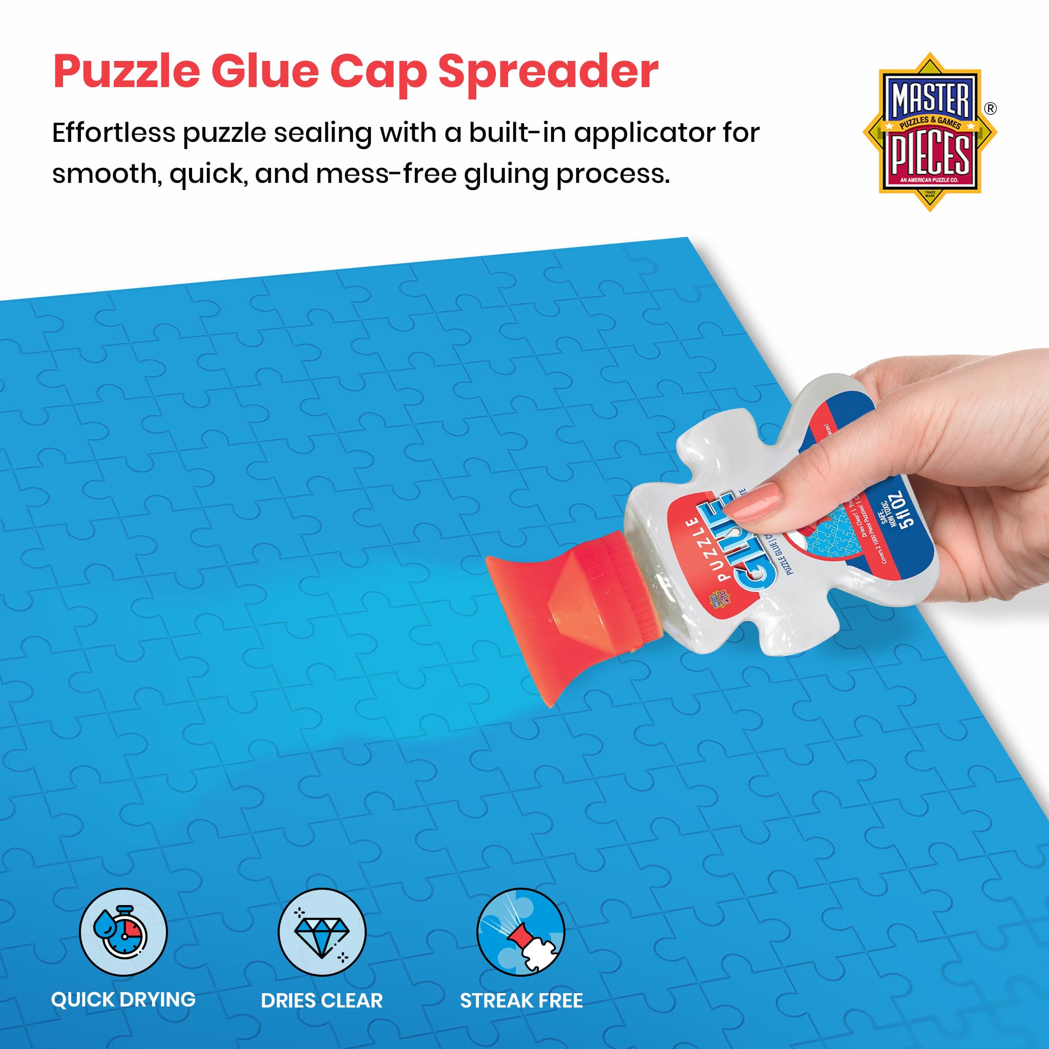 MasterPieces Puzzle Glue applicator provides smooth, even coverage on puzzles.