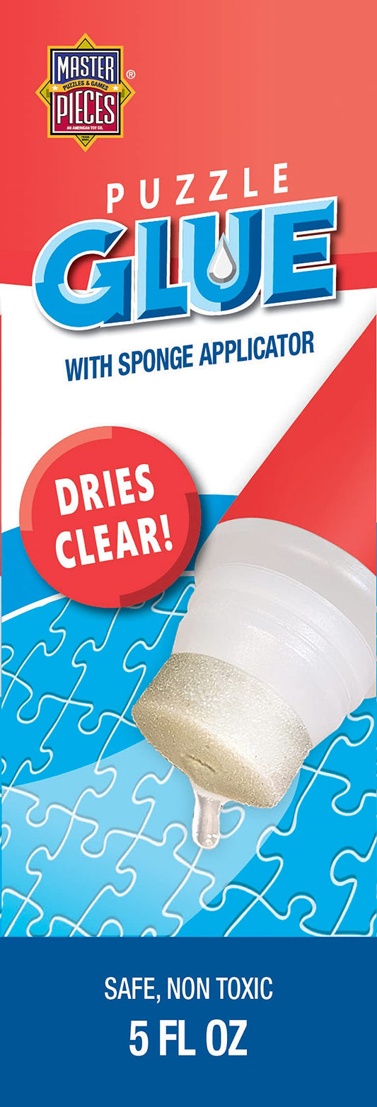 MasterPieces puzzle glue bottle with sponge applicator for smooth, mess-free application.