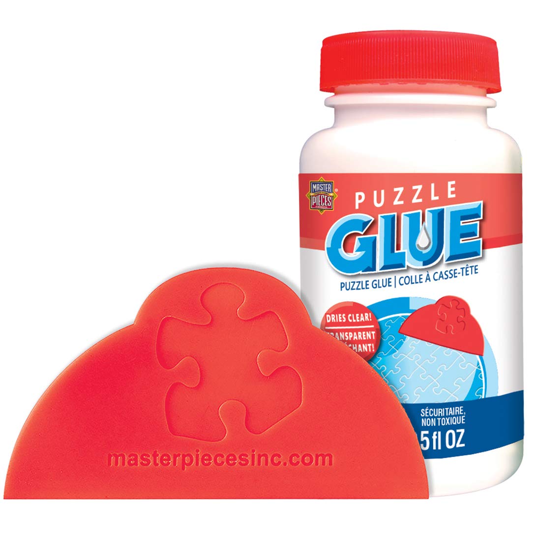 MasterPieces puzzle glue packaging highlights clear-drying formula for clean results.