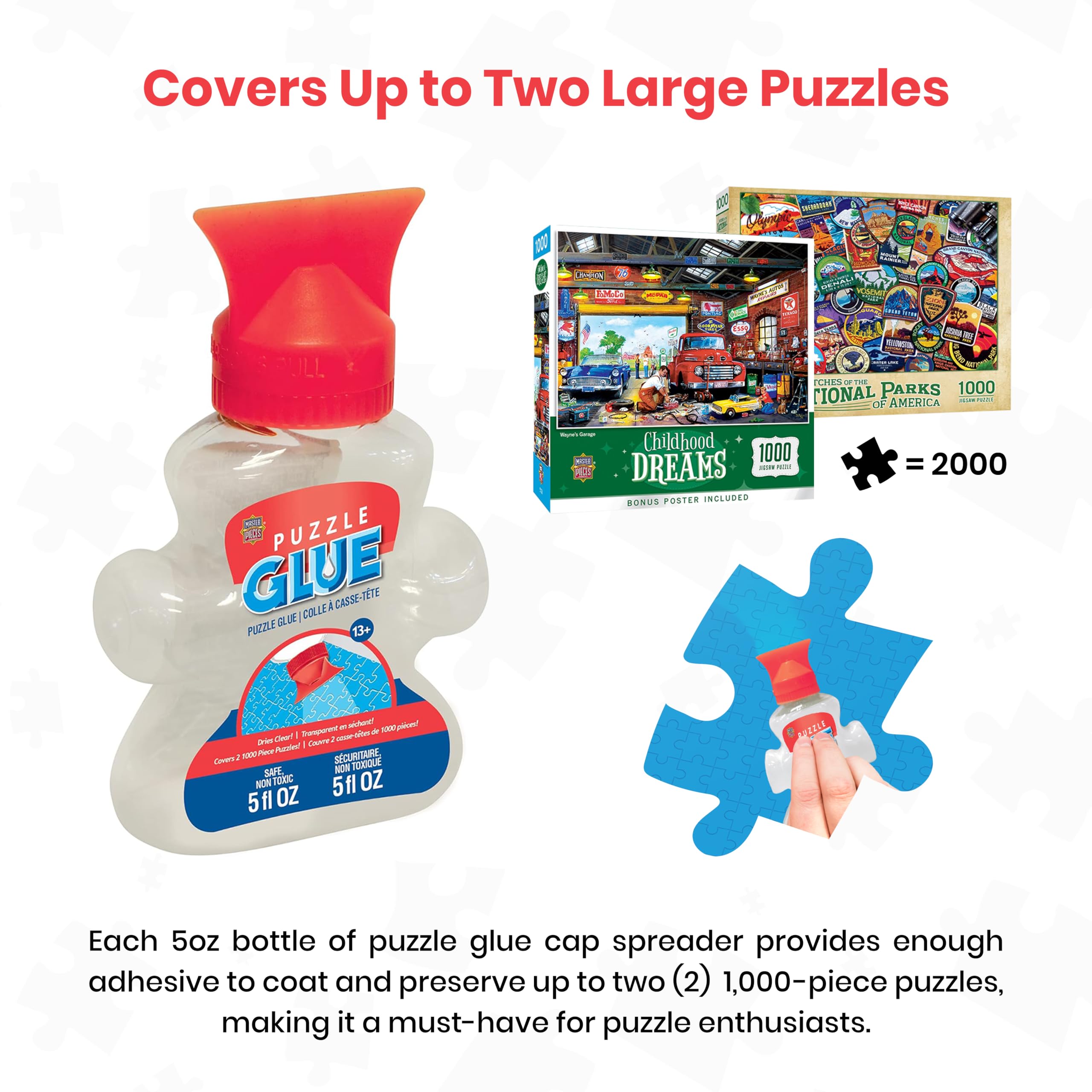 MasterPieces Puzzle Glue glossy finish preserves colors for display.