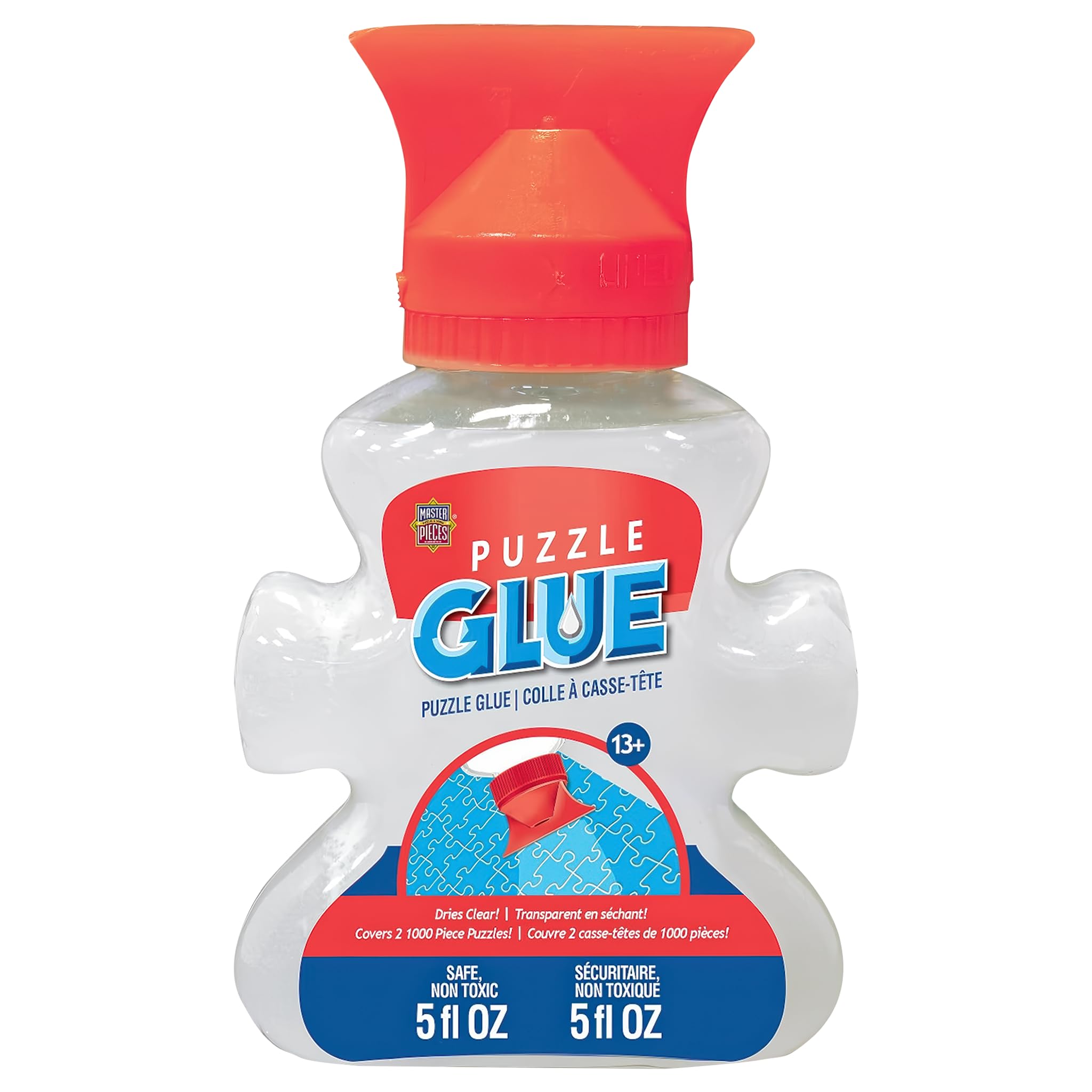 MasterPieces Puzzle Glue shaped bottle with applicator enabling easy, mess-free sealing.