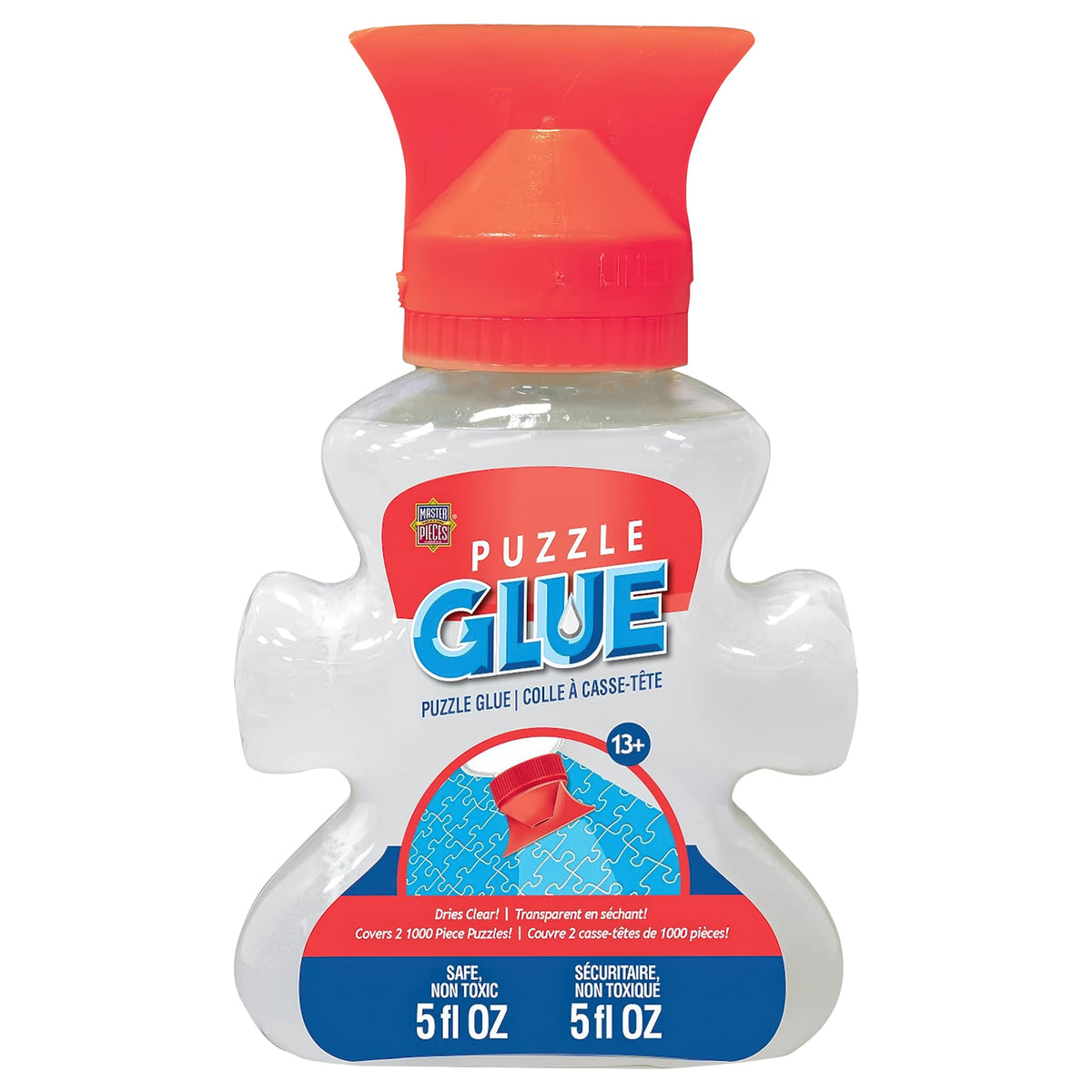 MasterPieces Puzzle Glue shaped bottle with applicator enabling easy, mess-free sealing.