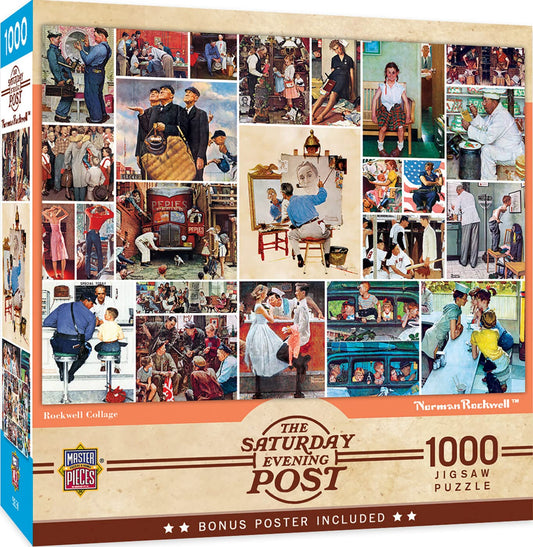 MasterPieces Rockwell collage puzzle image showing iconic Americana artwork for family nights.