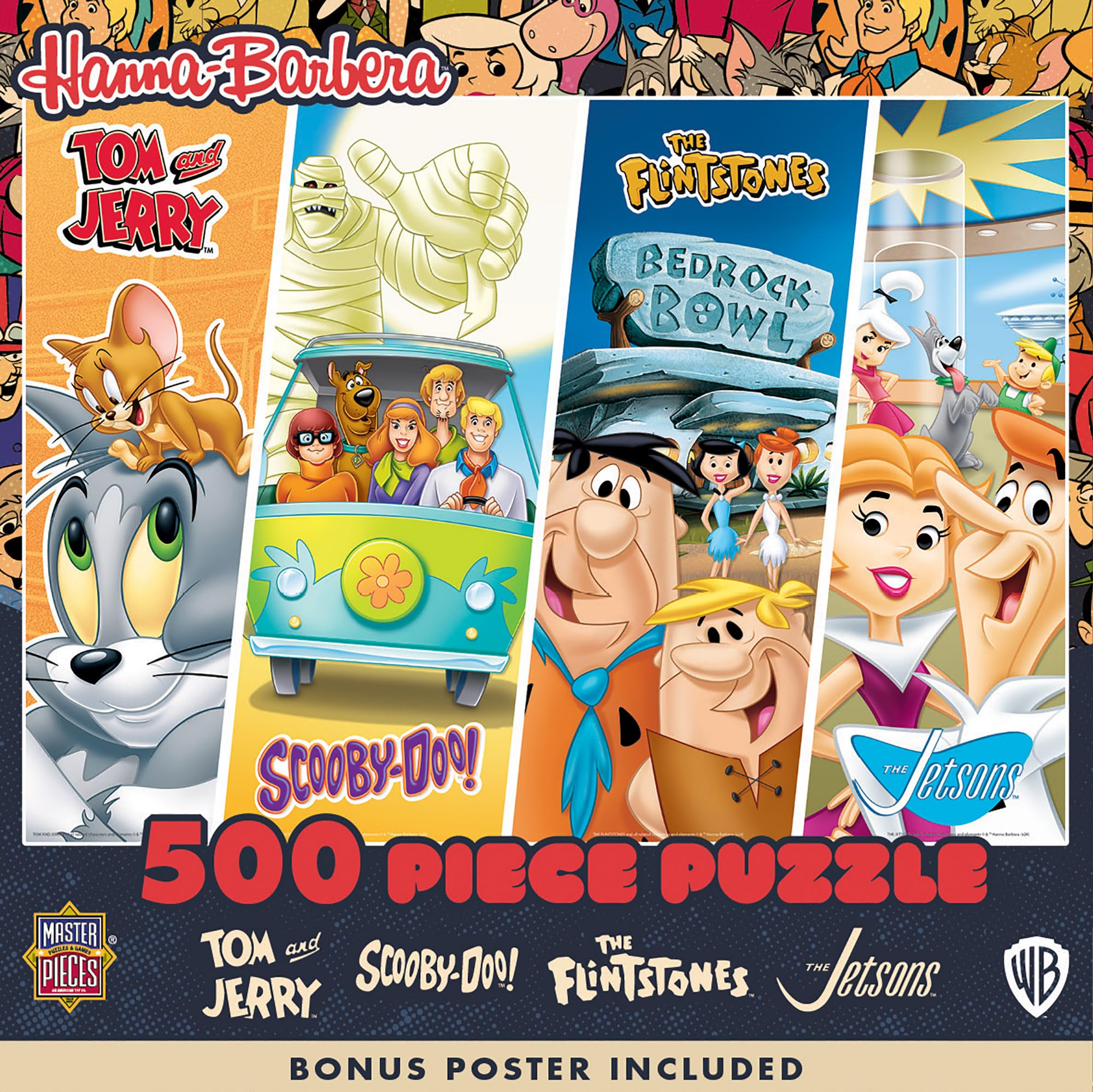 MasterPieces Scooby-Doo puzzle with Hanna-Barbera collage, ideal for adults' cozy puzzle nights