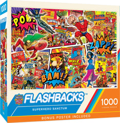 MasterPieces superhero sanctum collage cover; vibrant nostalgia for puzzle fans