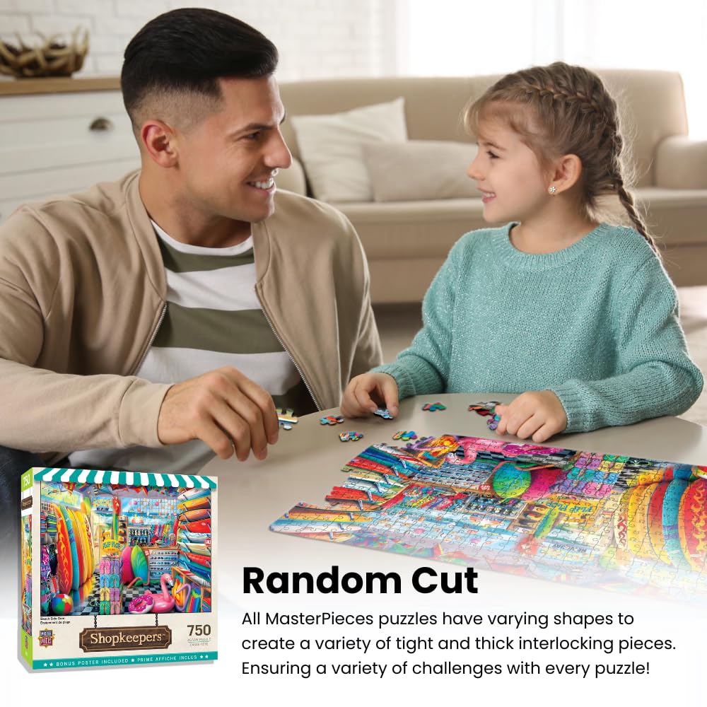 MasterPieces 750-piece puzzle pieces, thick interlocks provide secure fit during assembly.