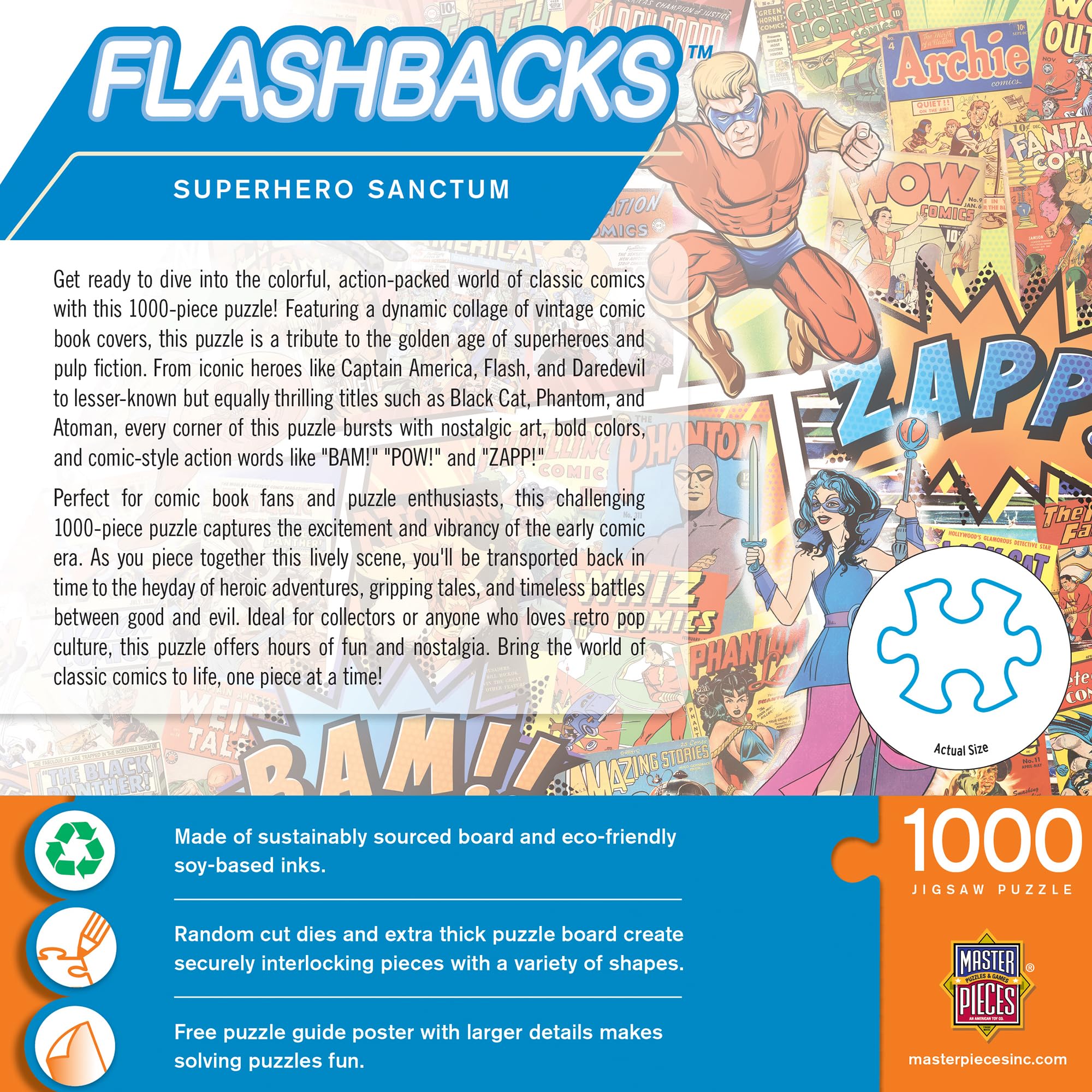 MasterPieces thick recycled-board; sturdy pieces interlock for hours of gameplay