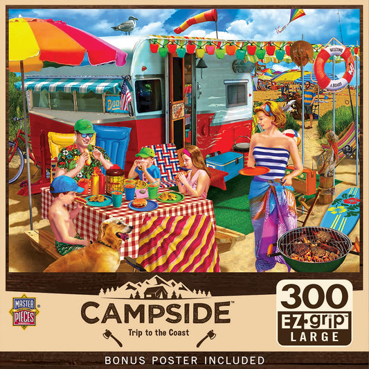 MasterPieces Trip to the Coast puzzle box front, ideal for family puzzle night.