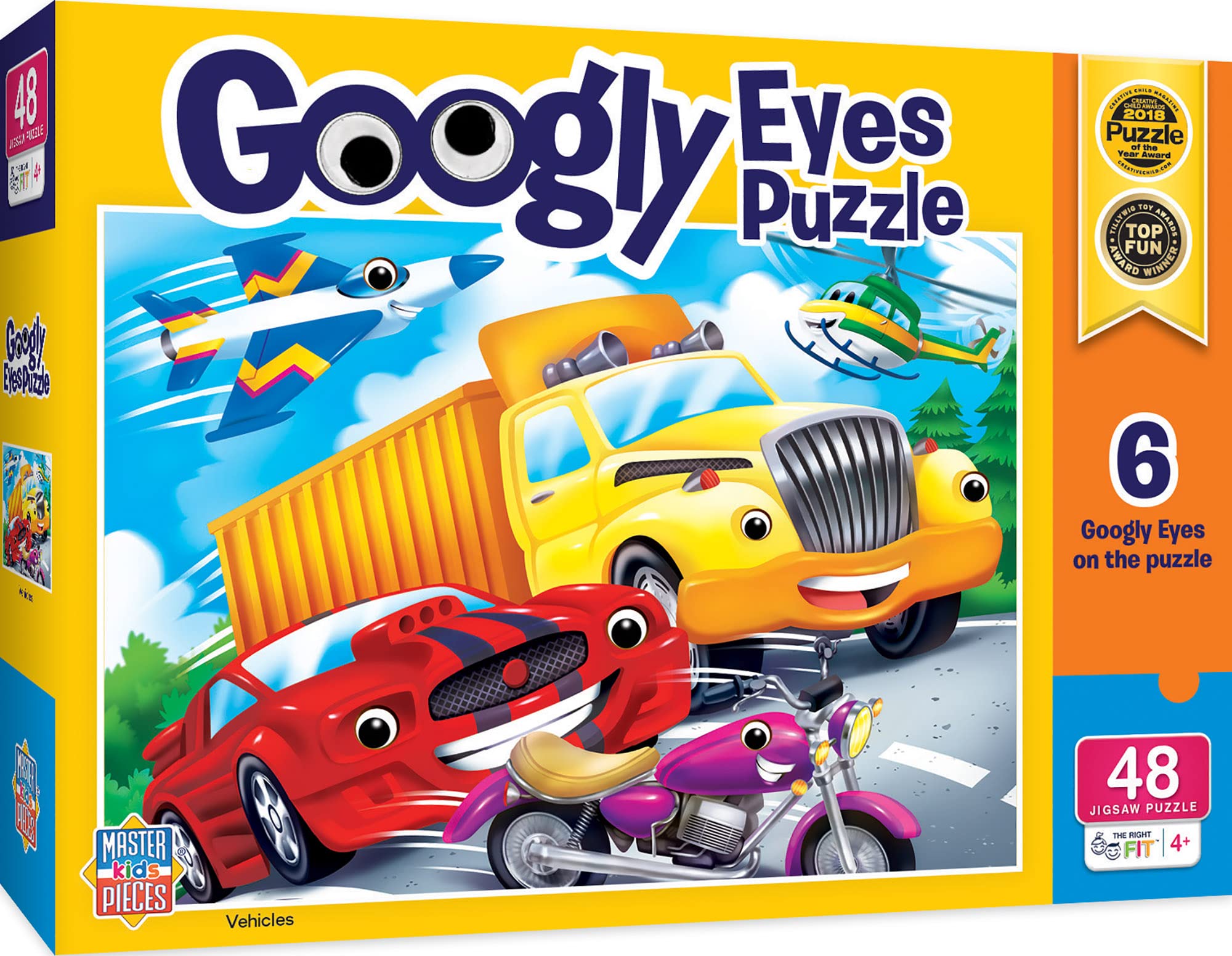 MasterPieces 48-piece Vehicles puzzle with googly eyes engages kids in creative play.