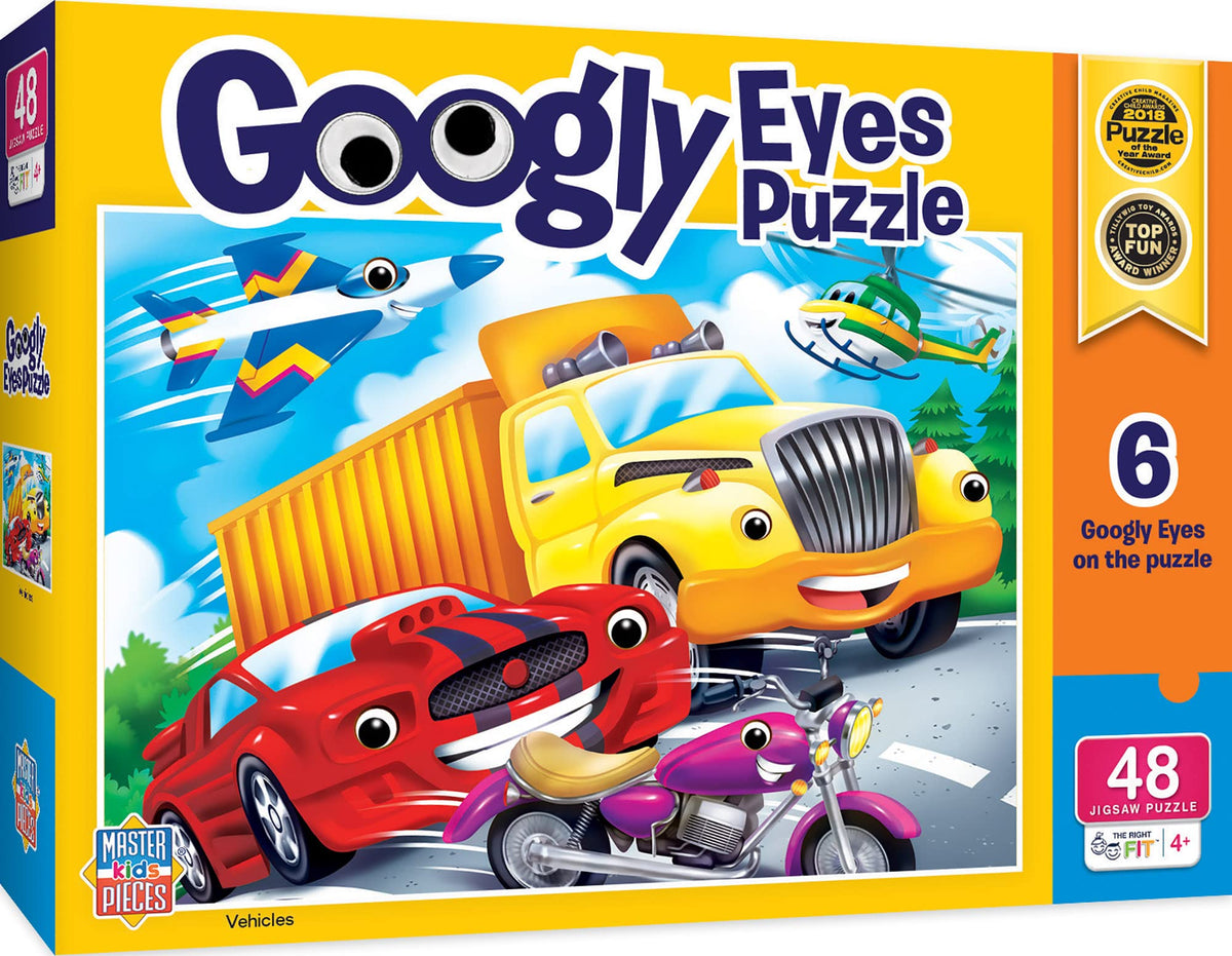 MasterPieces 48-piece Vehicles puzzle with googly eyes engages kids in creative play.