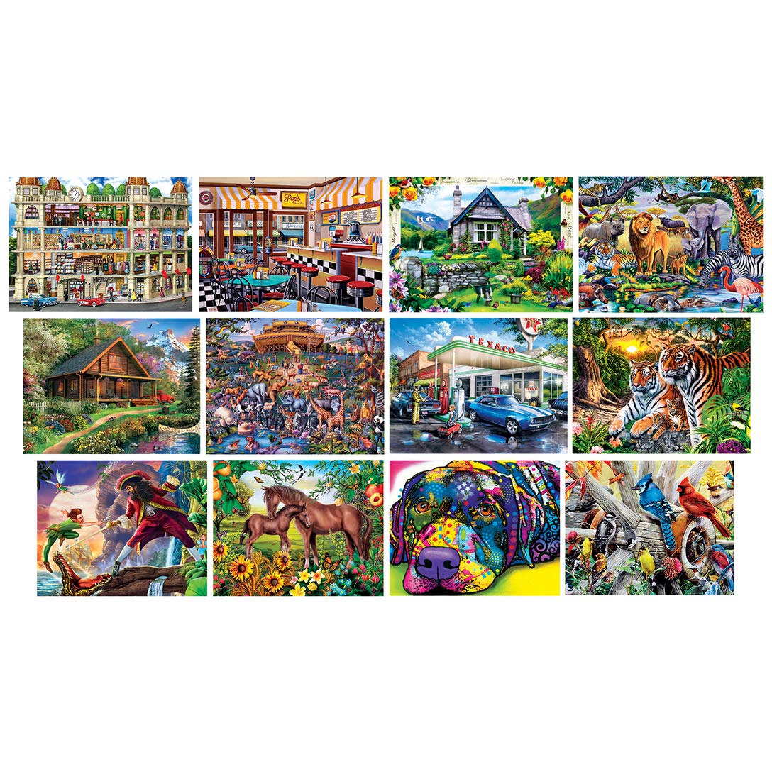 MasterPieces vibrant artwork puzzles printed with safe inks for family fun.