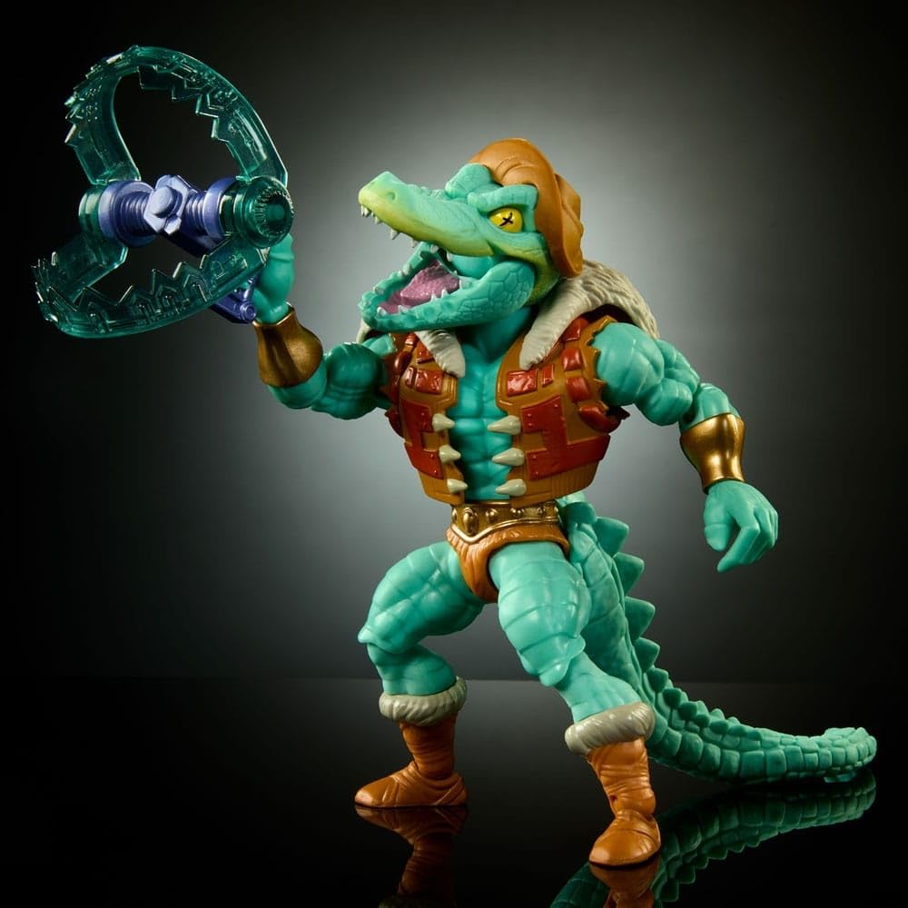 Masters of the Universe Leatherhead interchangeable gear enables versatile posing.
