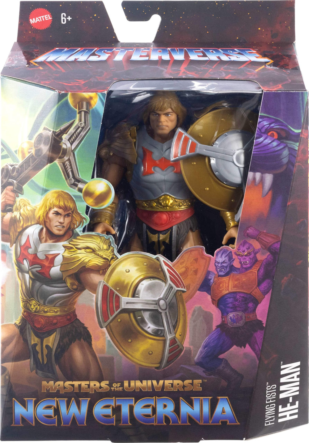 Masterverse He-Man with spinning shield ready for action display.