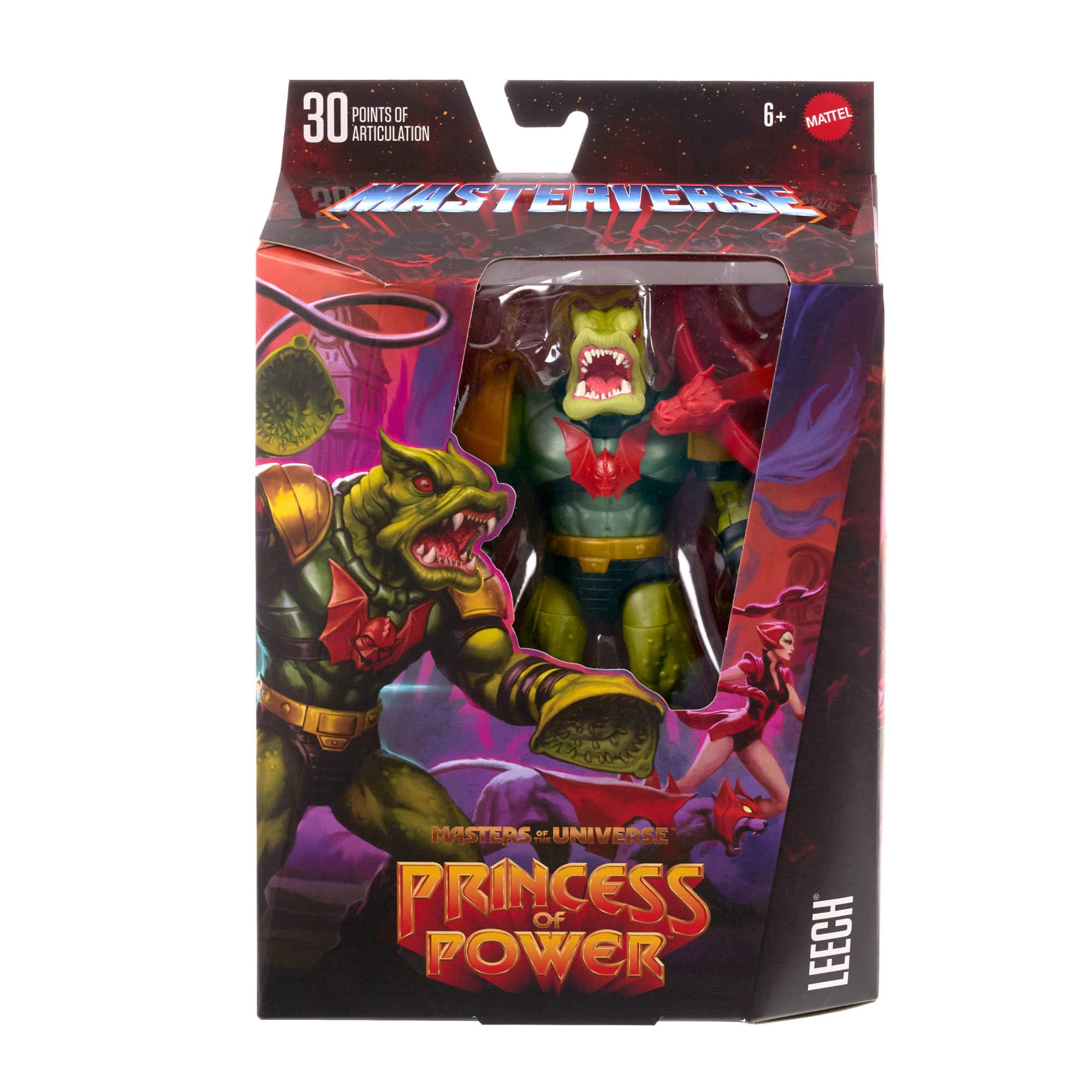Masters of the Universe Masterverse Leech Deluxe figure side view, showcases poseability for dynamic poses.