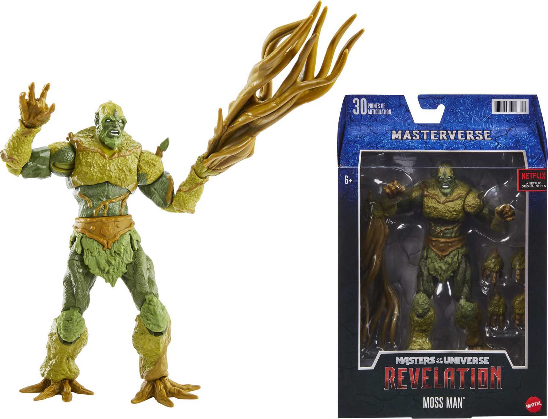Masters of the Universe Moss Man action figure in dynamic pose for display and storytelling.