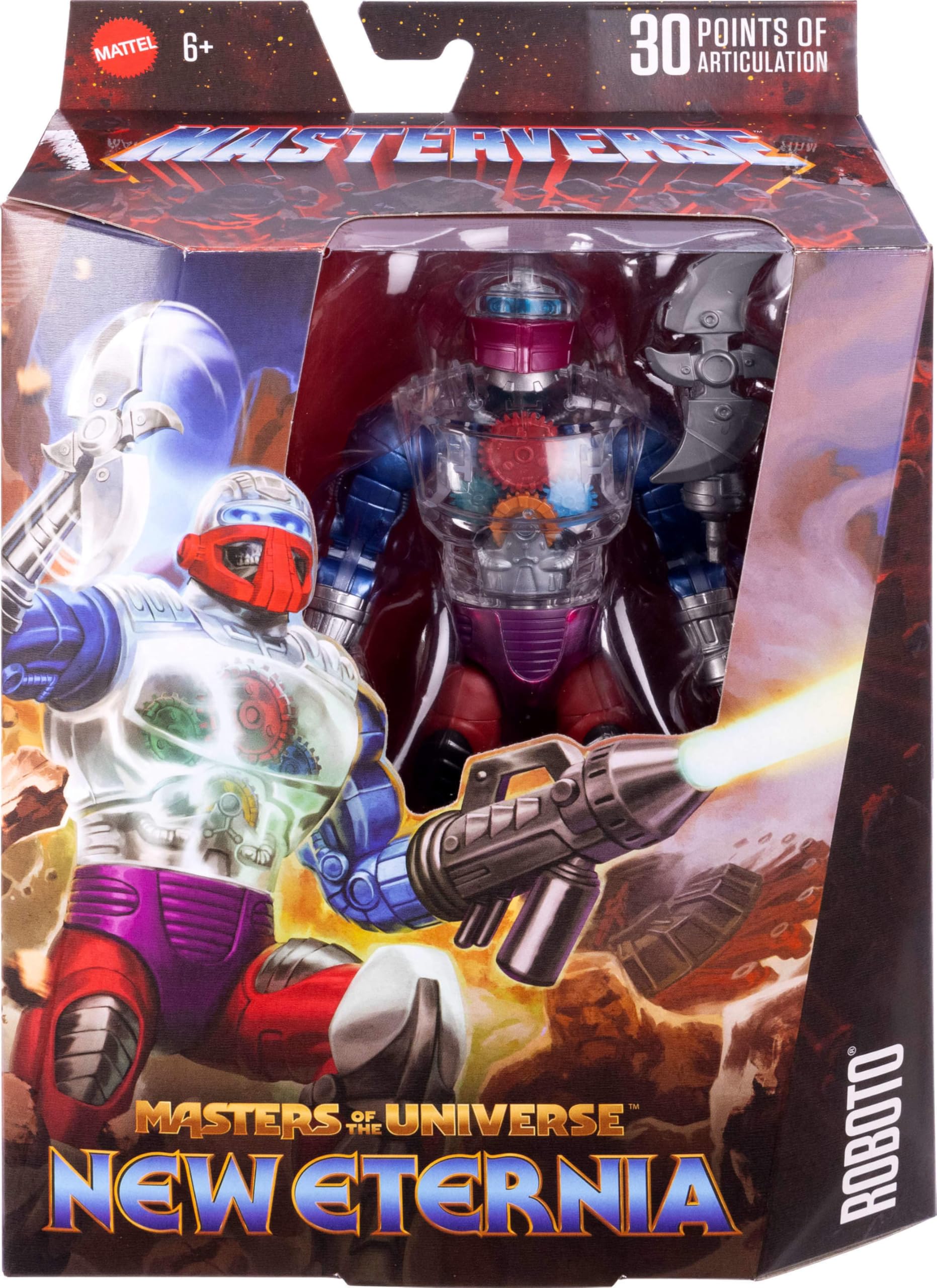 Masters of the Universe Roboto back dial activates gears for interactive posing.