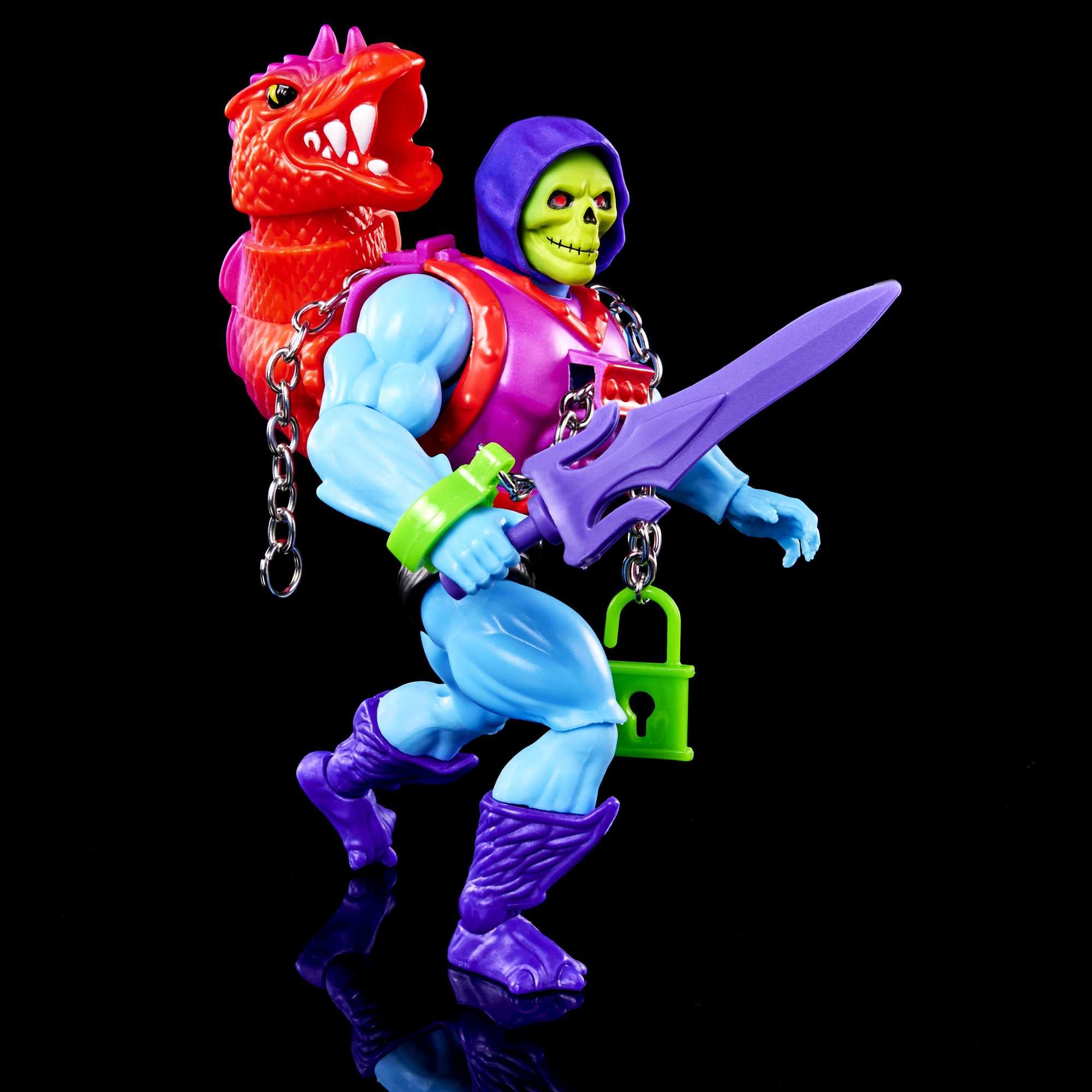 Skeletor attack-move pose demonstrates action storytelling potential for MOTU fans.