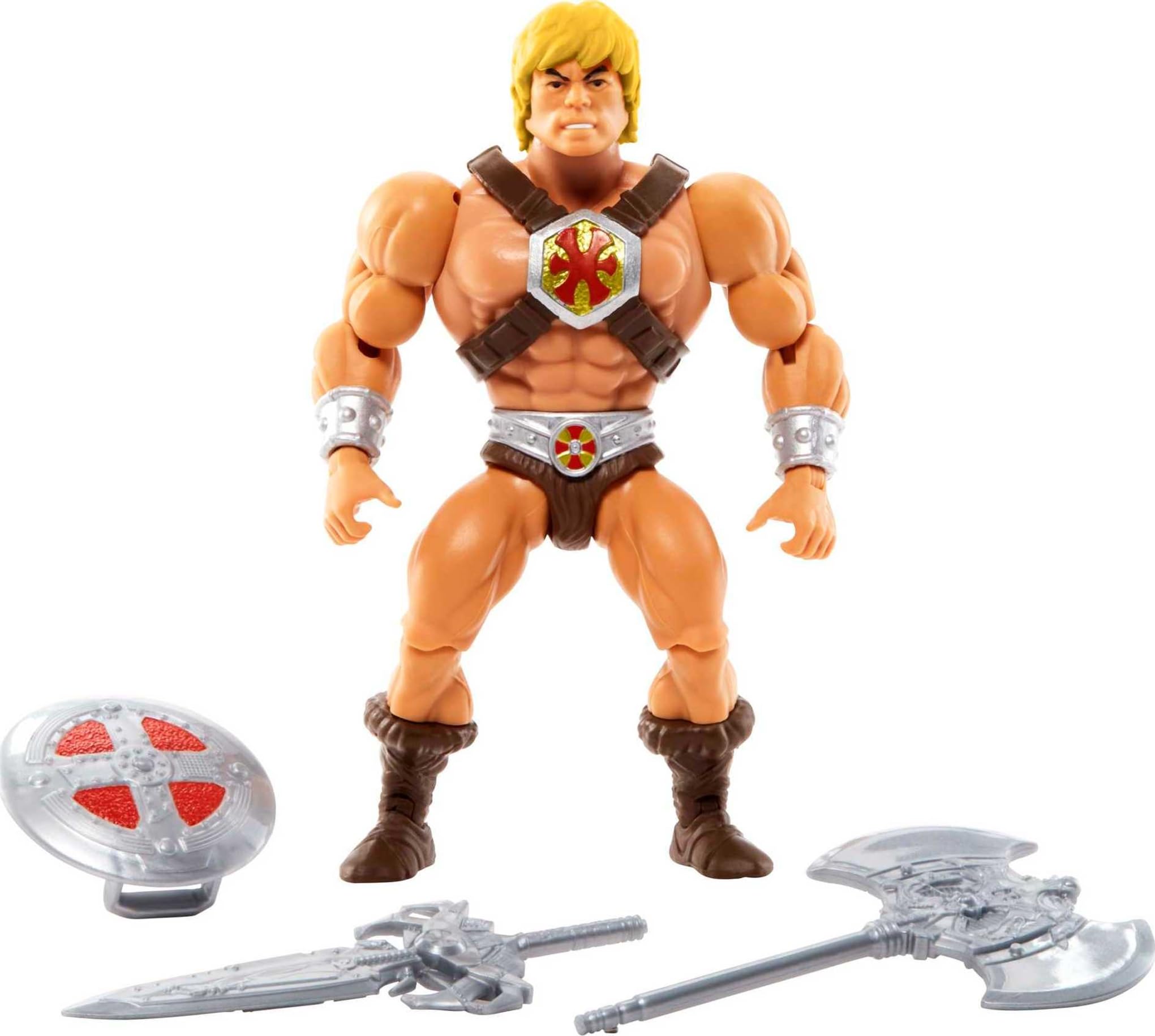 Masters of the Universe Origins He-Man figure in dynamic pose for imaginative play and display.