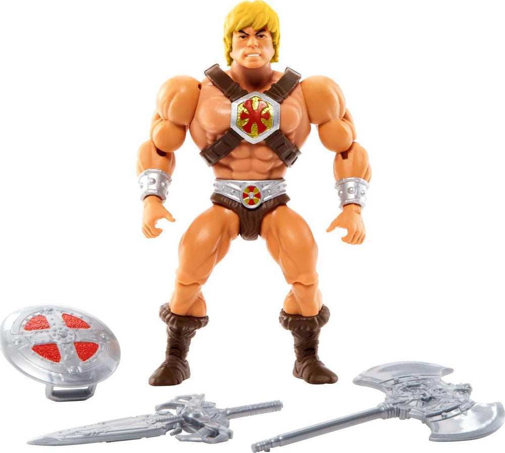 Masters of the Universe Origins He-Man figure in dynamic pose for imaginative play and display.