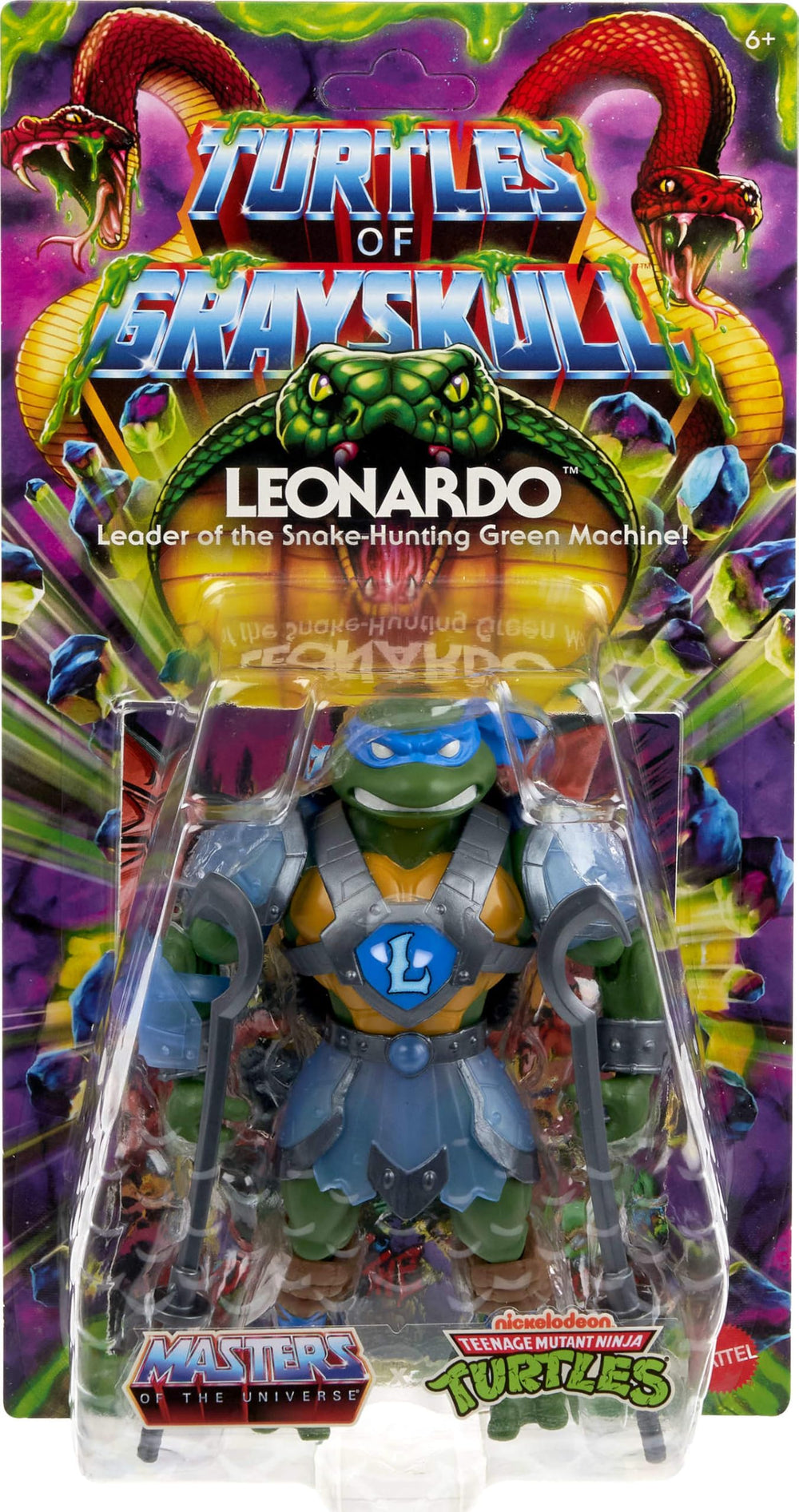 Masters of the Universe Origins Leonardo action figure with shield-shell for defense play.