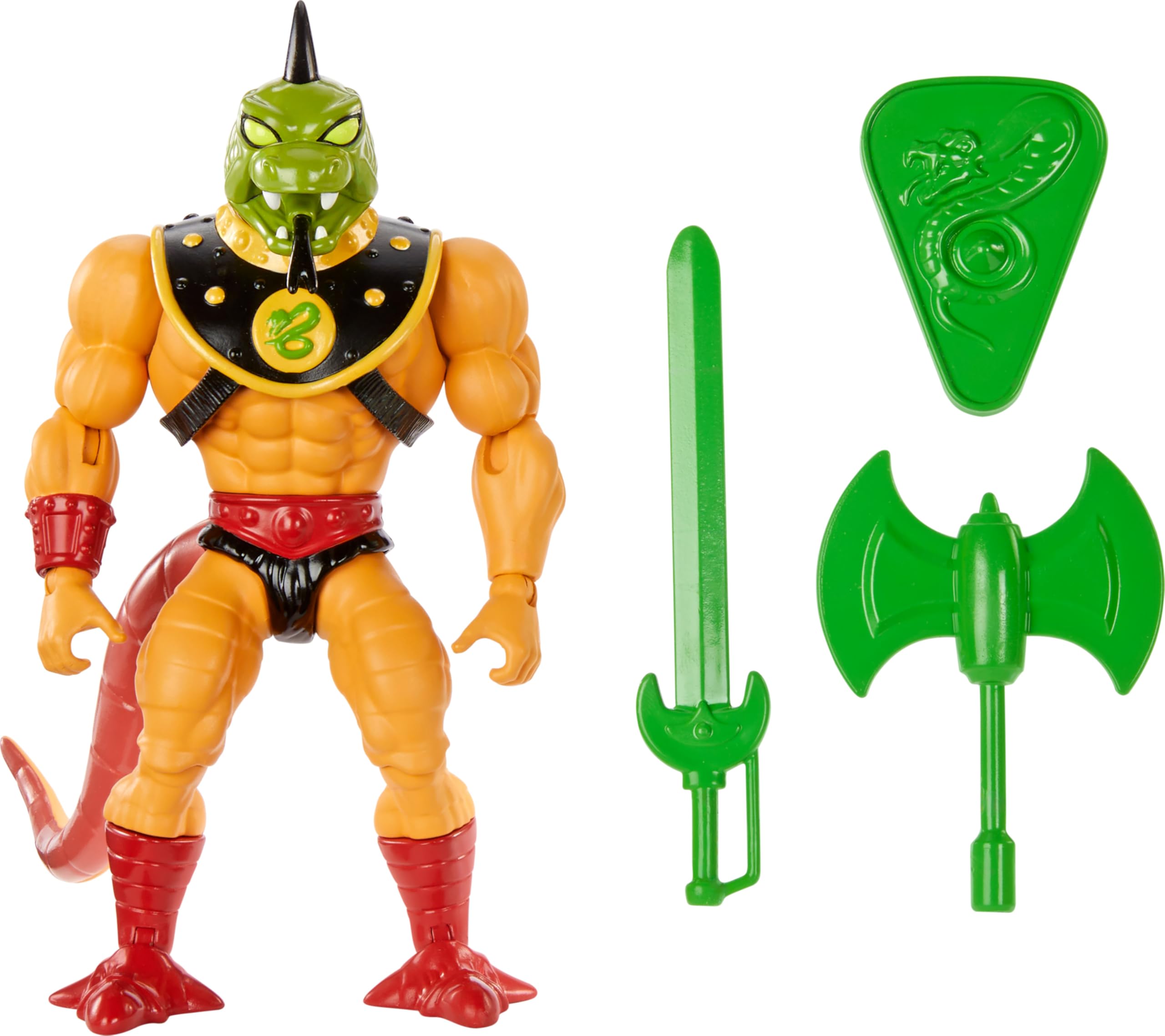 Masters of the Universe Origins Reptilax figure in a dynamic battle pose for display