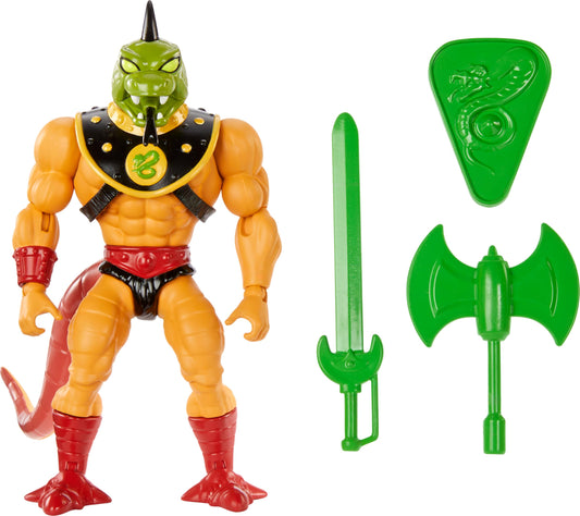Masters of the Universe Origins Reptilax figure in a dynamic battle pose for display