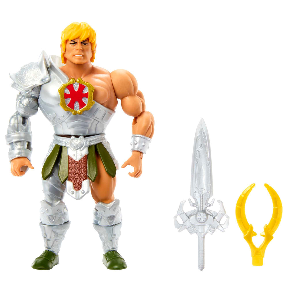 Masters of the Universe Origins Rise of the Snake Men He-Man figure in dynamic pose for display.