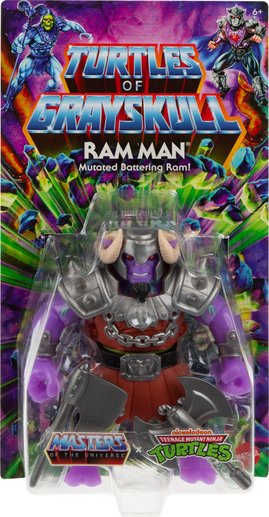 Masters of the Universe Origins TMNT crossover image showing Grayskull Ram Man for imaginative battles.