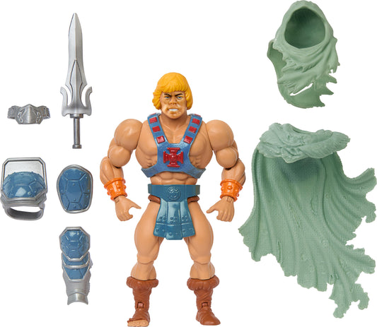 Masters of the Universe Origins He-Man Stealth Ninja posed for display with iconic hood.