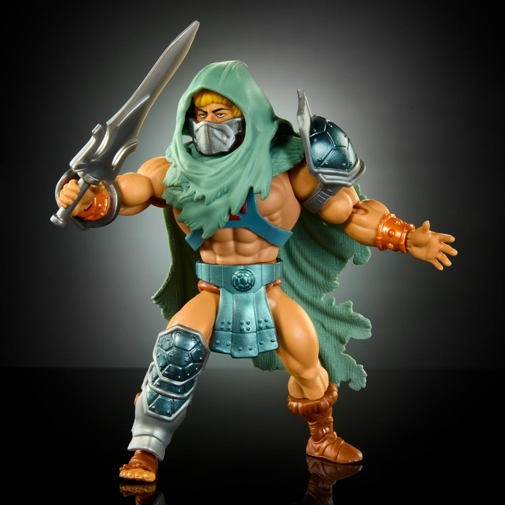 Masters of the Universe Origins He-Man Stealth Ninja hood and mask removal close-up.