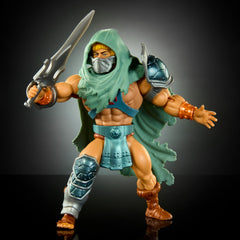 Masters of the Universe Origins He-Man Stealth Ninja hood and mask removal close-up.