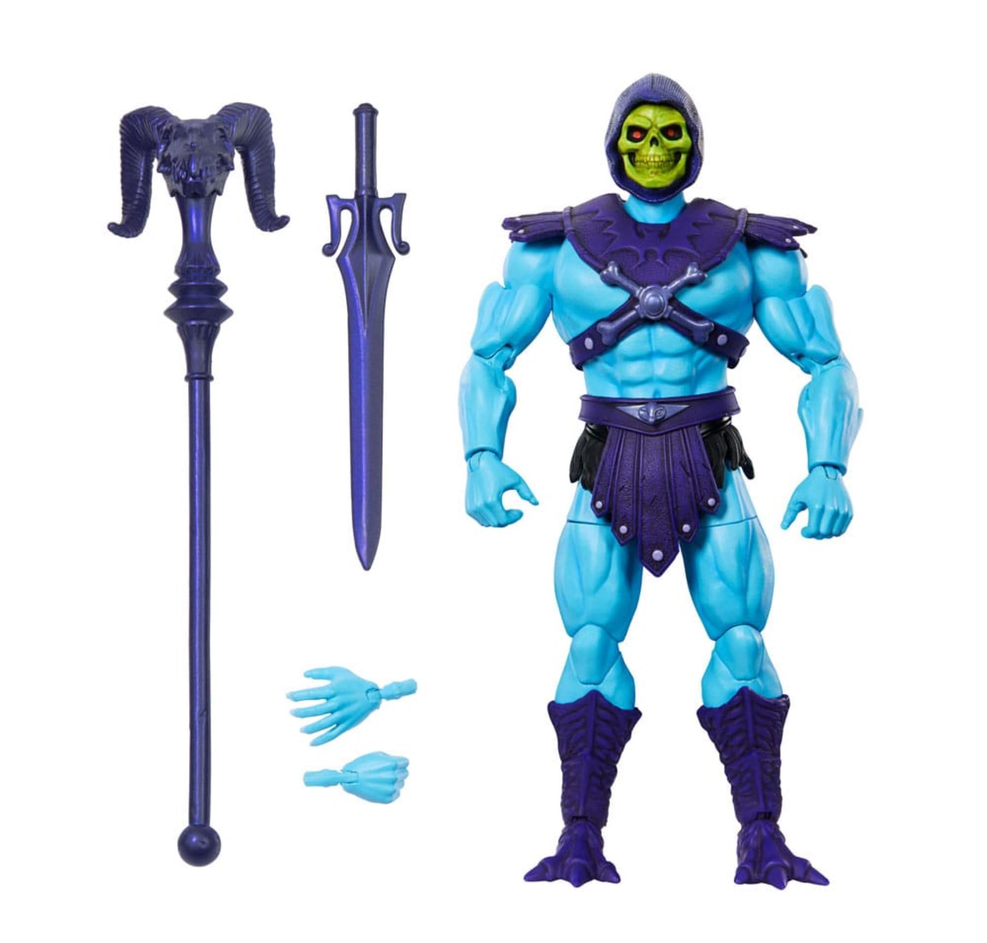 Masters of the Universe Skeletor 18cm figure with turquoise body and purple armor for display