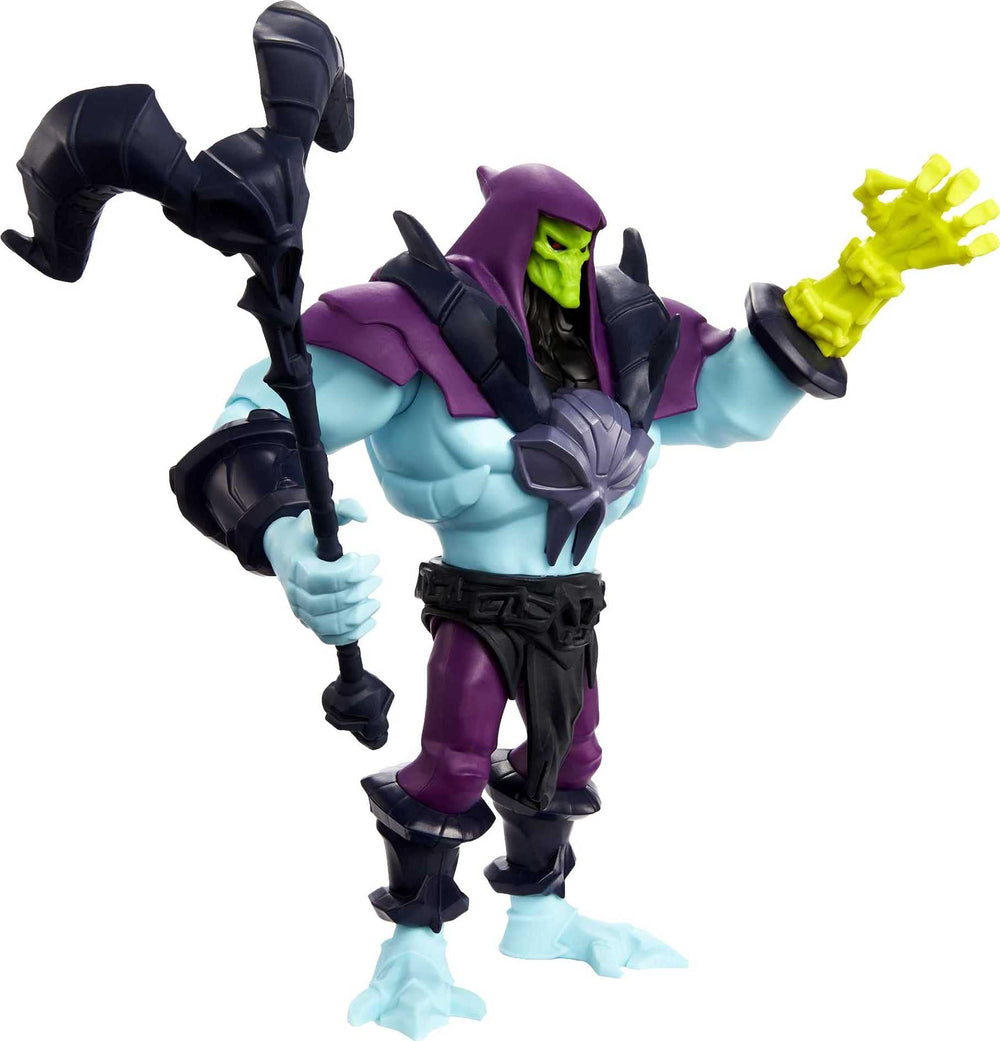 Skeletor display-ready figure on a collectors shelf with other MOTU figures.