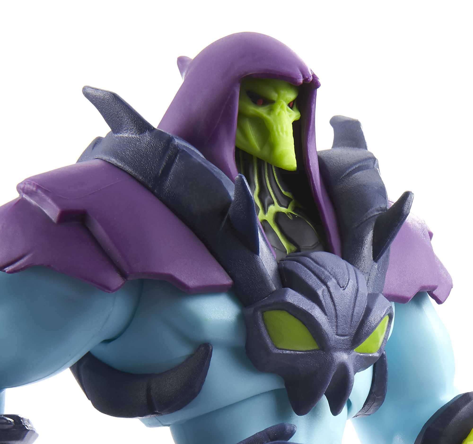 Masters of the Universe Skeletor action figure detail highlights iconic design.
