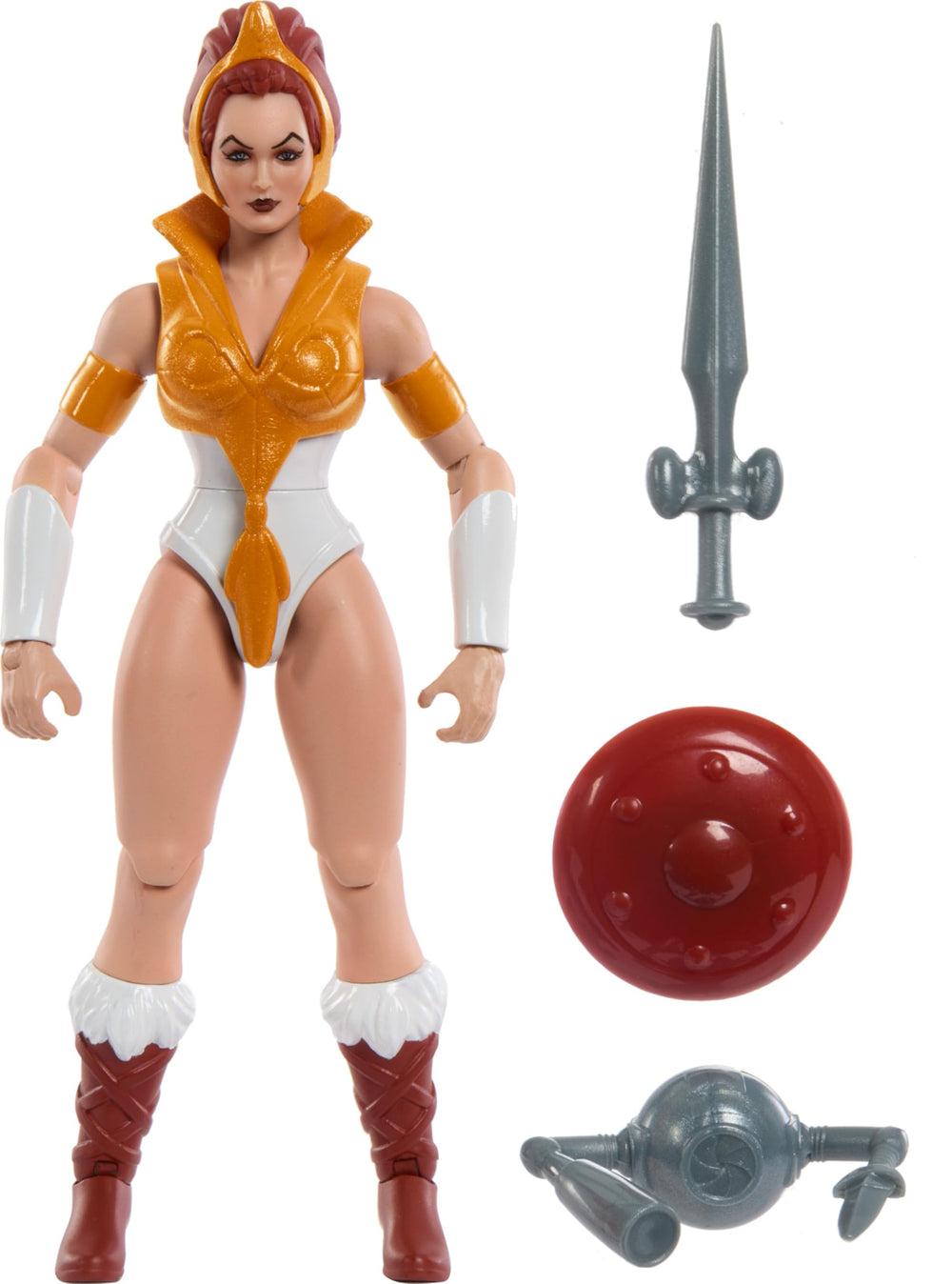 Masters of the Universe Teela origin figure front view with 16 articulated joints for dynamic posing.