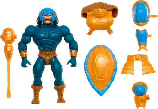 Masters of the Universe Man-At-Arms action figure front view with 16 joints for poseability.