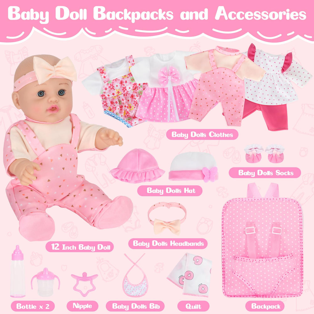 Mastom pink floral backpack with doll and accessories for organized play.