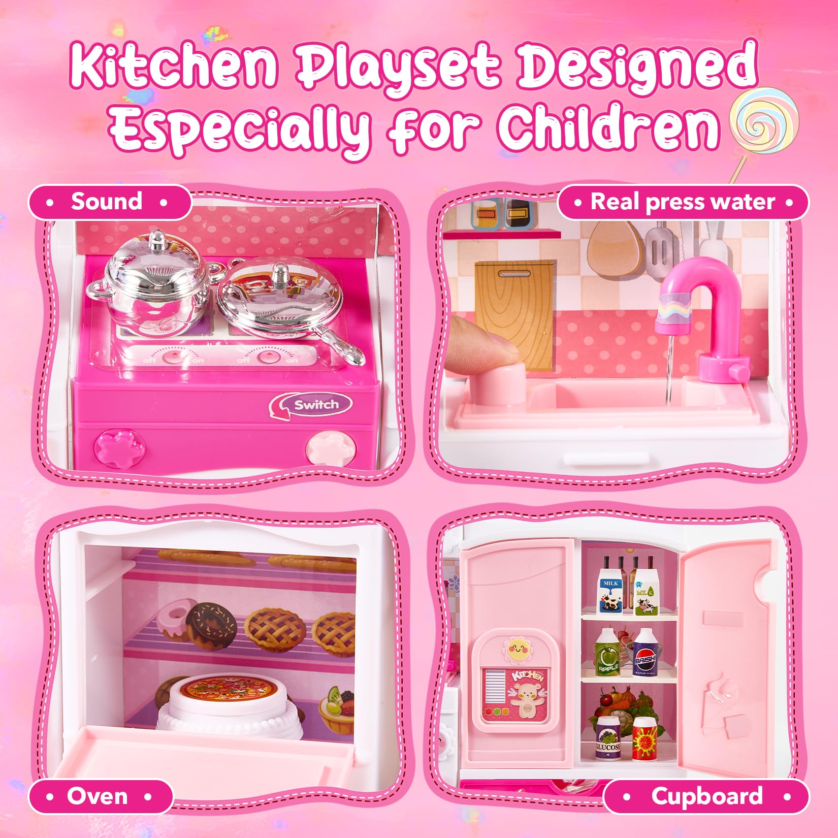 Mastom kitchen accessories include pots, pans, and utensils for endless pretend meals.