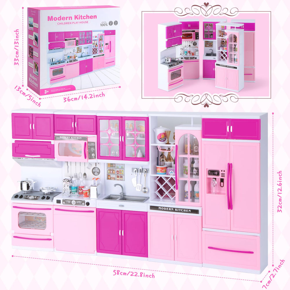 Mastom kitchen playset open cabinet storage keeps accessories organized.