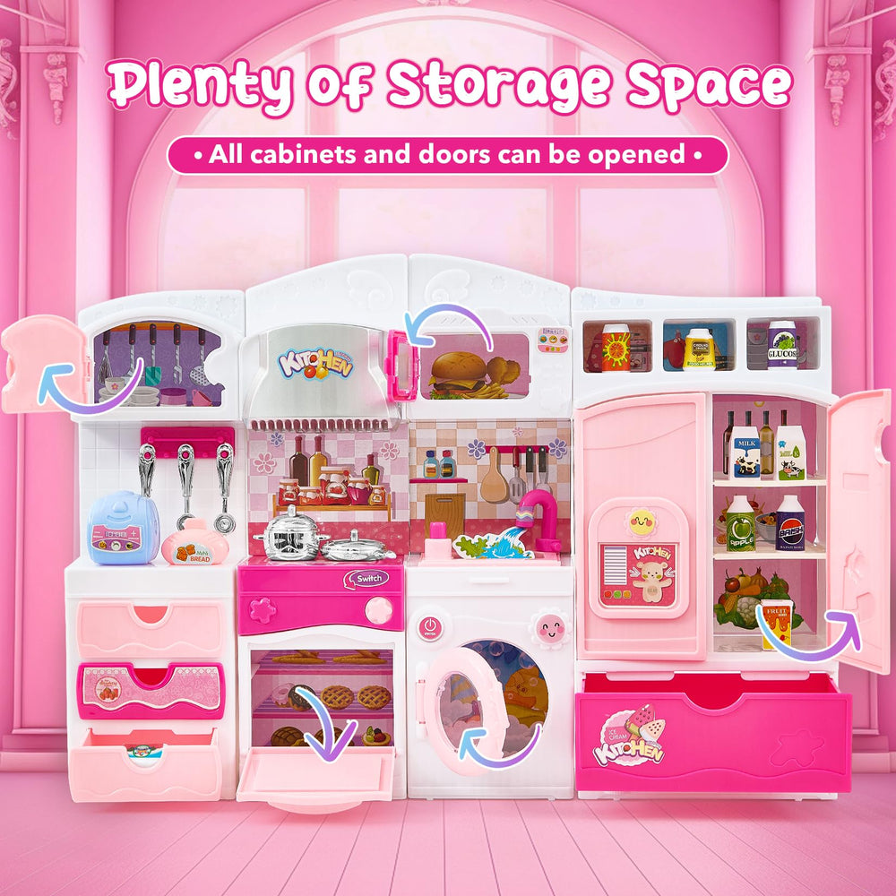 Mastom pink kitchen with open oven and microwave doors encourages interactive cooking.