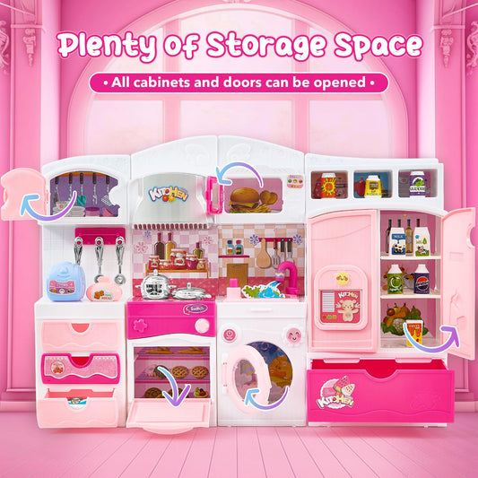 Mastom pink kitchen with open oven and microwave doors encourages interactive cooking.
