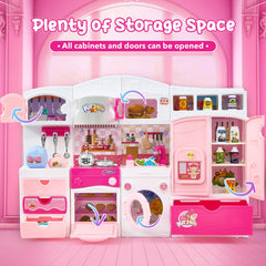 Mastom pink kitchen with open oven and microwave doors encourages interactive cooking.
