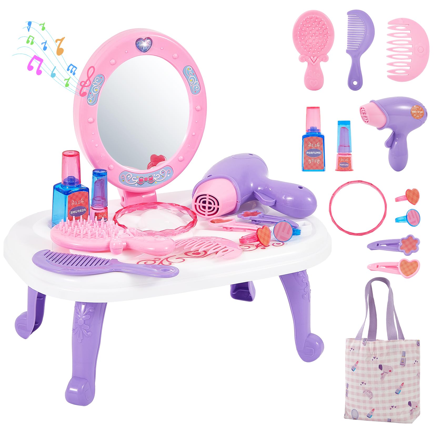 Mastom toddler vanity table with mirror lights, ideal for imaginative dress-up play.